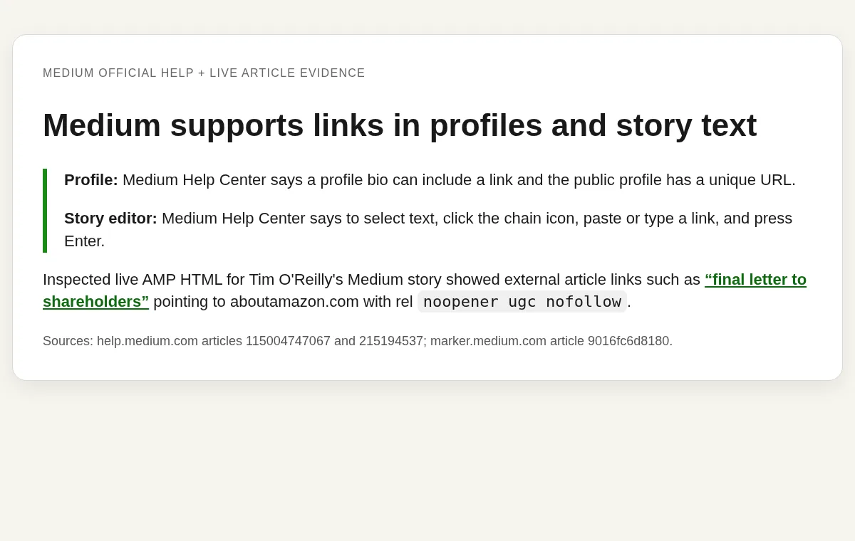 Medium evidence showing official link-support text and inspected nofollow story-link attributes
