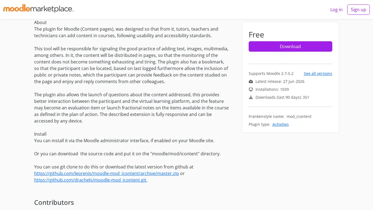 Moodle Marketplace Content Pages listing showing a direct external source-repository link