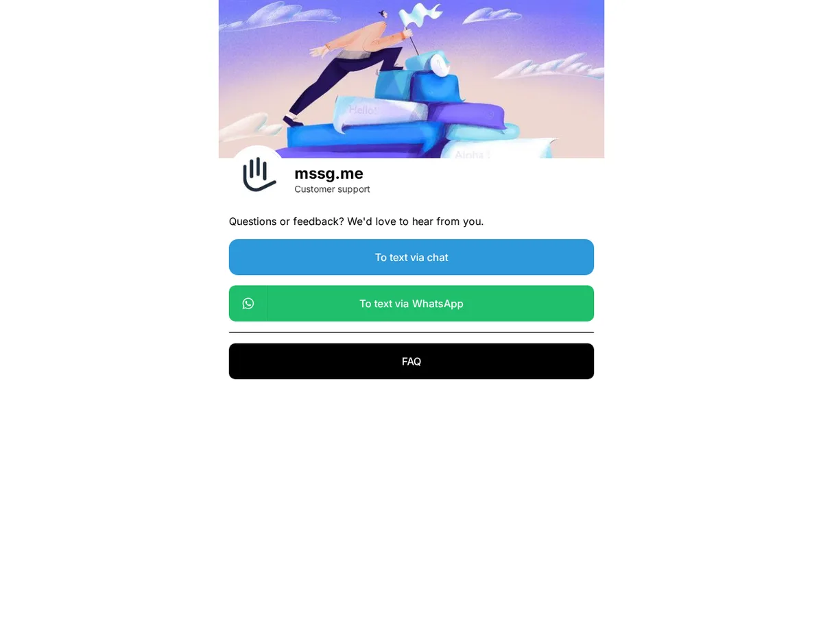 mssg.me support page showing public outbound button links