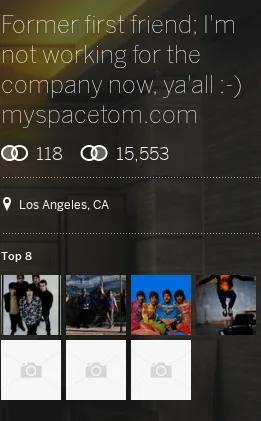 Myspace profile About section showing an external URL rendered through a mysp.ac shortlink