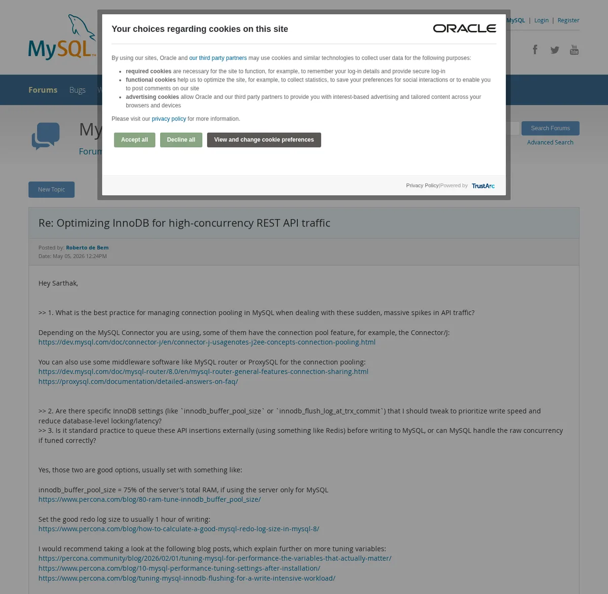 MySQL Forums reply showing nofollow external resource links in a technical answer