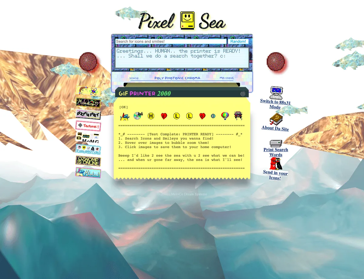 Pixel Sea, a published Neocities site whose sidebar buttons are ordinary outbound links to external domains