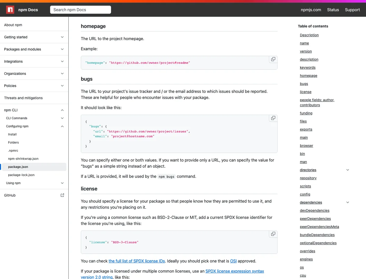 npm package.json documentation showing the homepage field used for a project URL