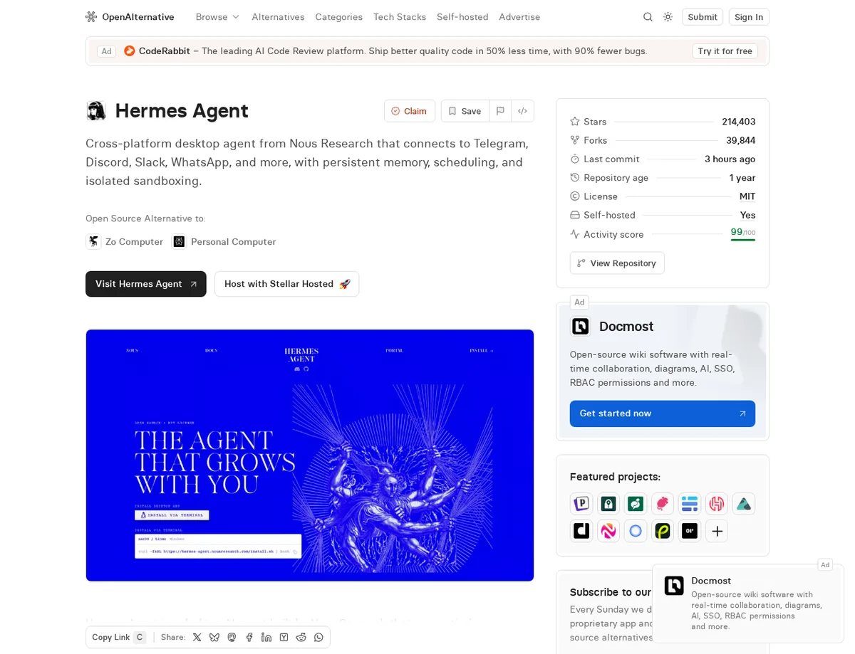 OpenAlternative public project page showing the Visit Hermes Agent website button and repository card
