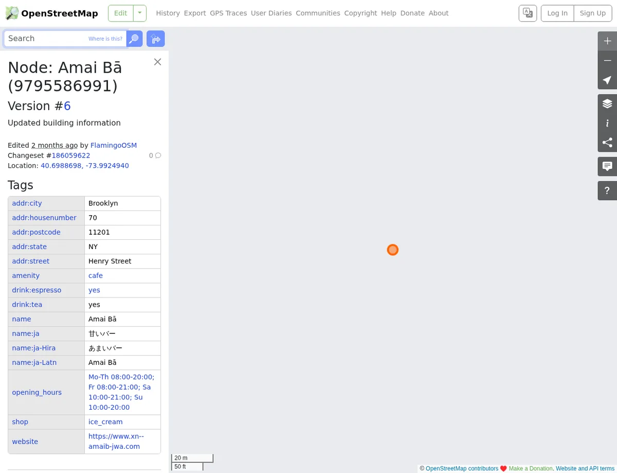 OpenStreetMap feature page showing the public website tag and external link