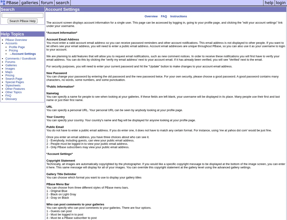 PBase account-settings help explaining that the personal URL is visible to anyone viewing your profile