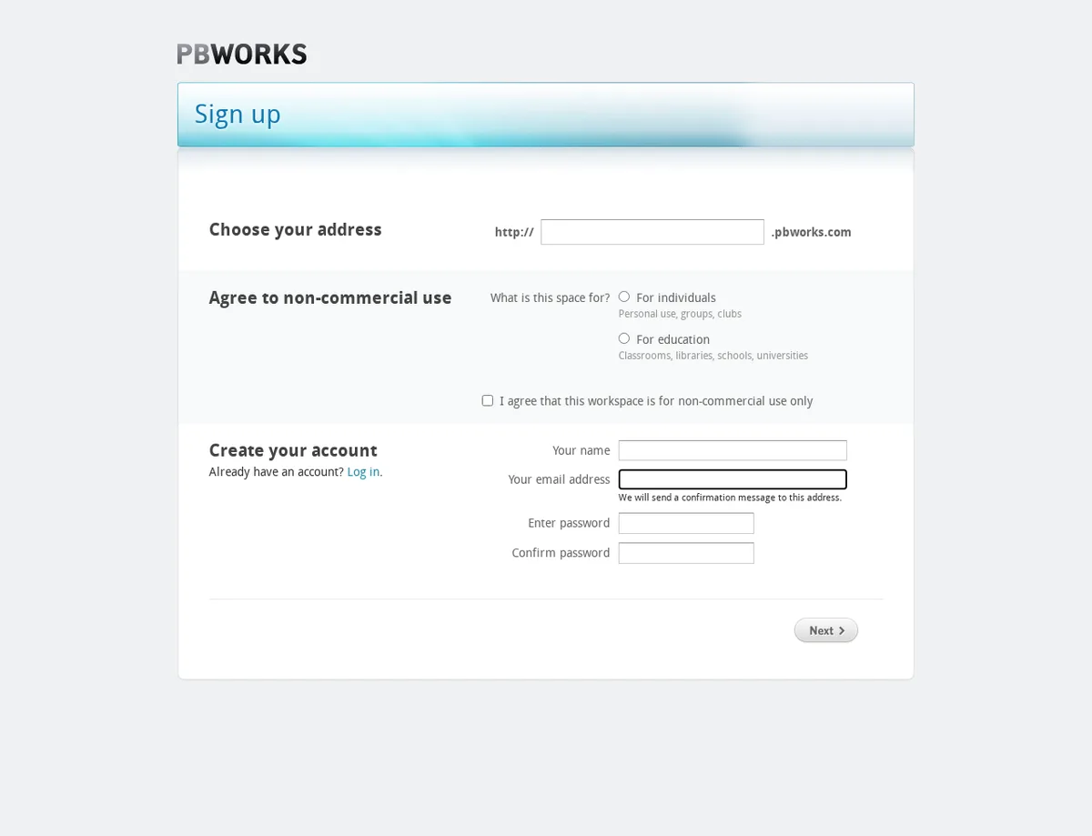 PBworks Basic signup form showing the workspace address and non-commercial-use requirement