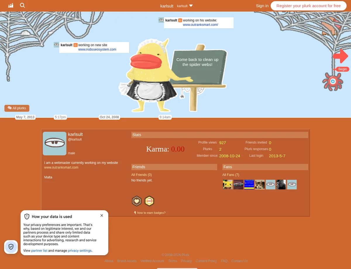 Public Plurk profile showing a clickable external website link in the profile description