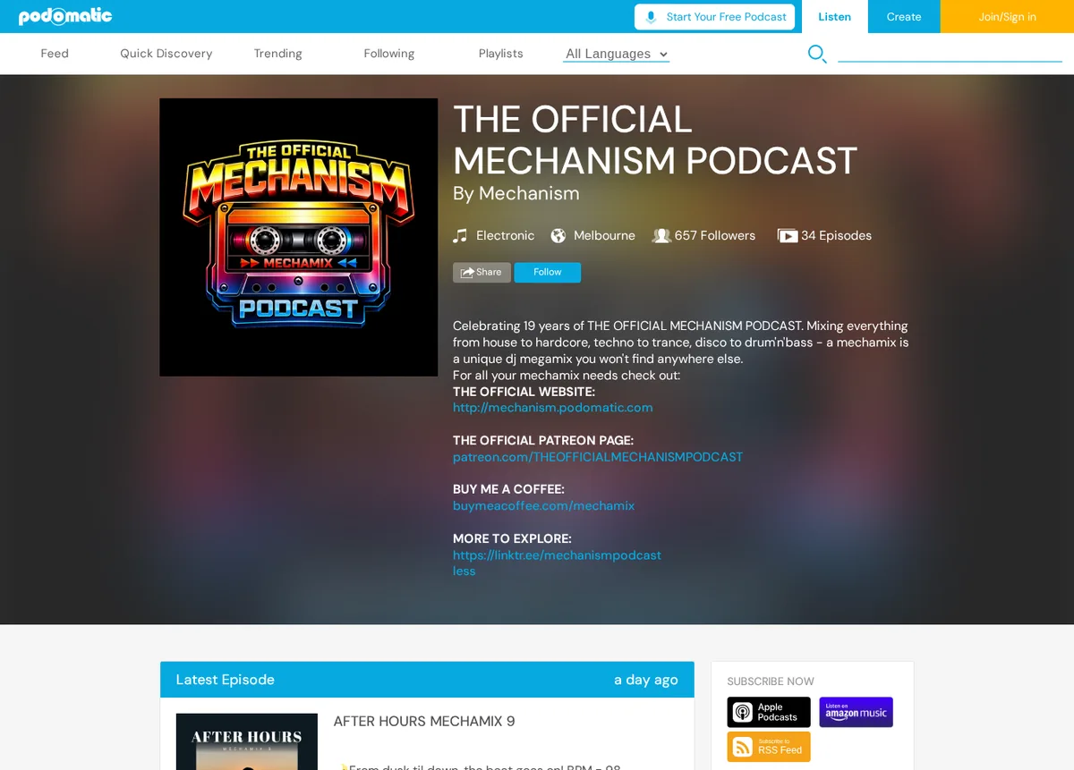 Expanded Podomatic podcast description showing clickable Patreon and Buy Me a Coffee links