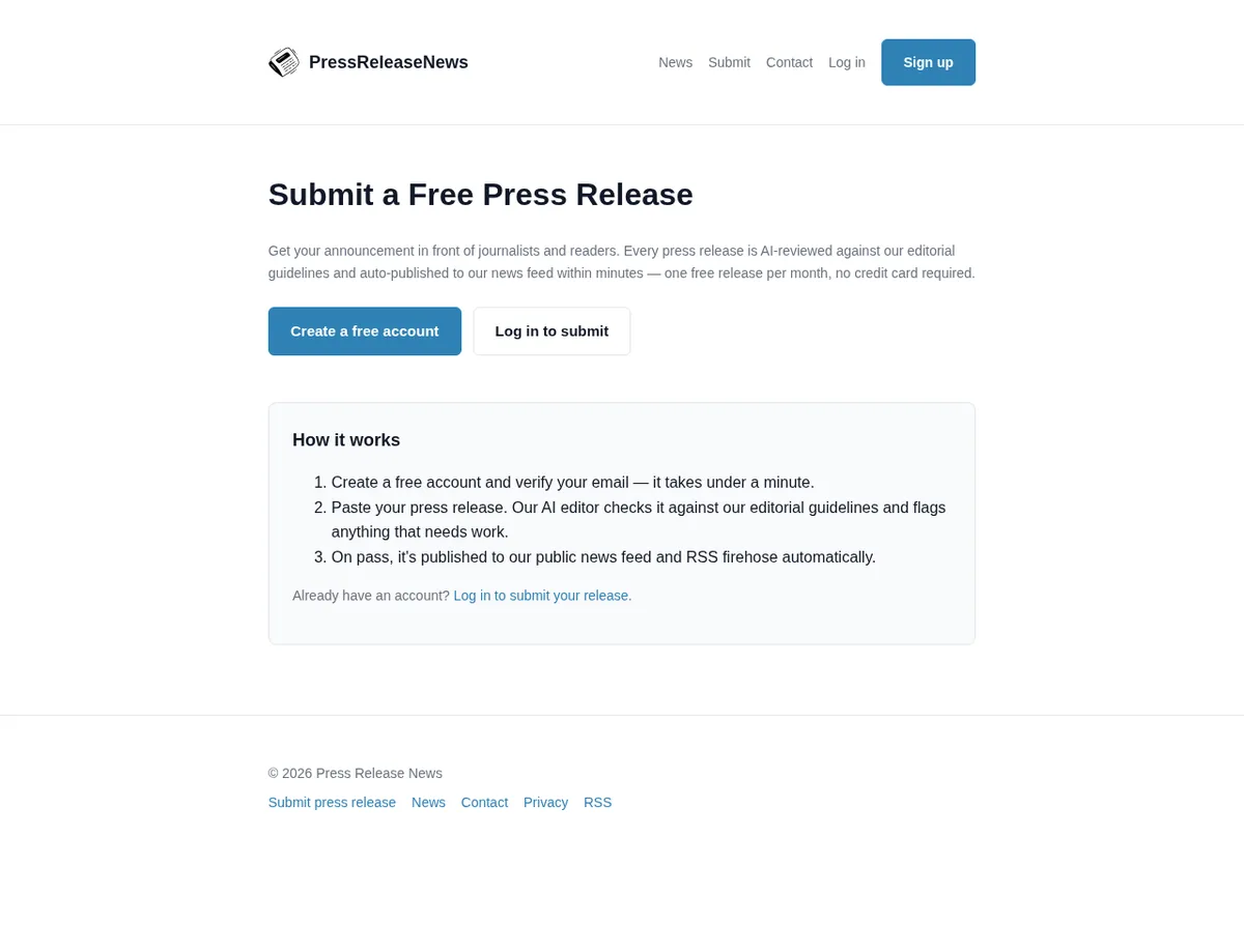 Press Release News submit page showing the free monthly release and AI review workflow