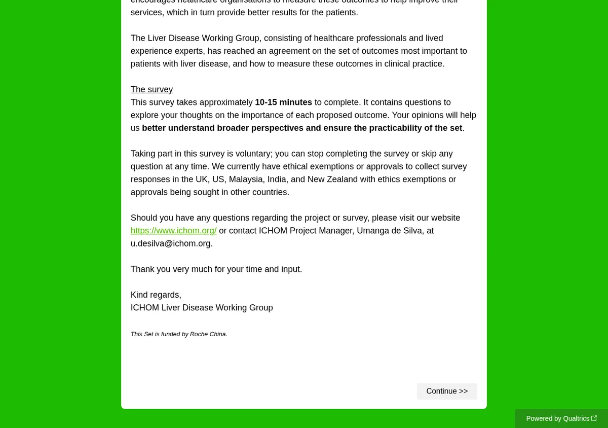 Public Qualtrics survey showing a direct external ICHOM website link in the survey introduction