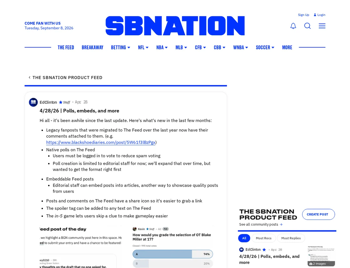 SB Nation Feed post showing a nofollow external link in the post body