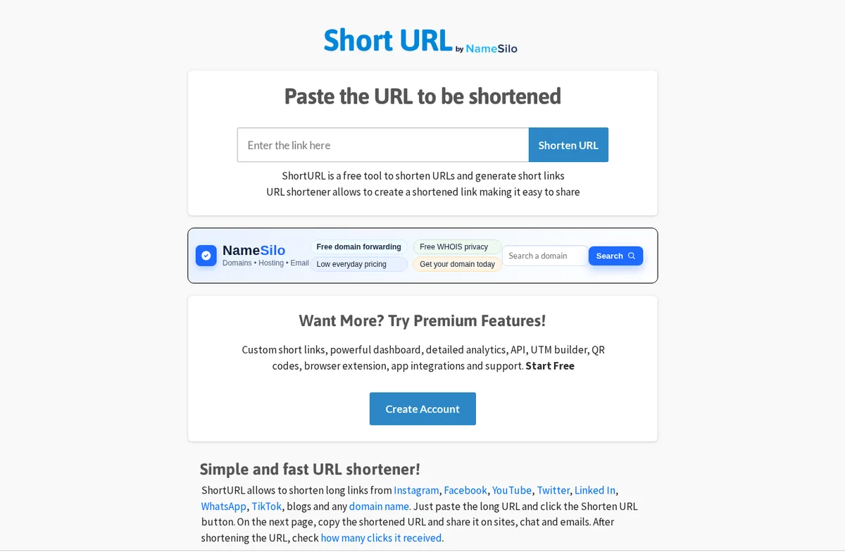 ShortURL homepage form showing the field where a user pastes a destination URL