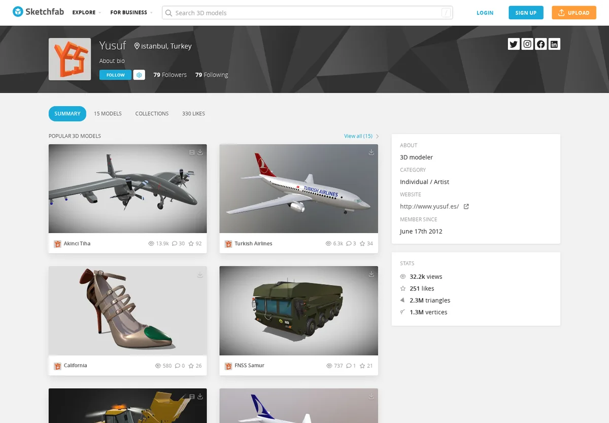 Sketchfab creator profile showing the public Website field and external URL