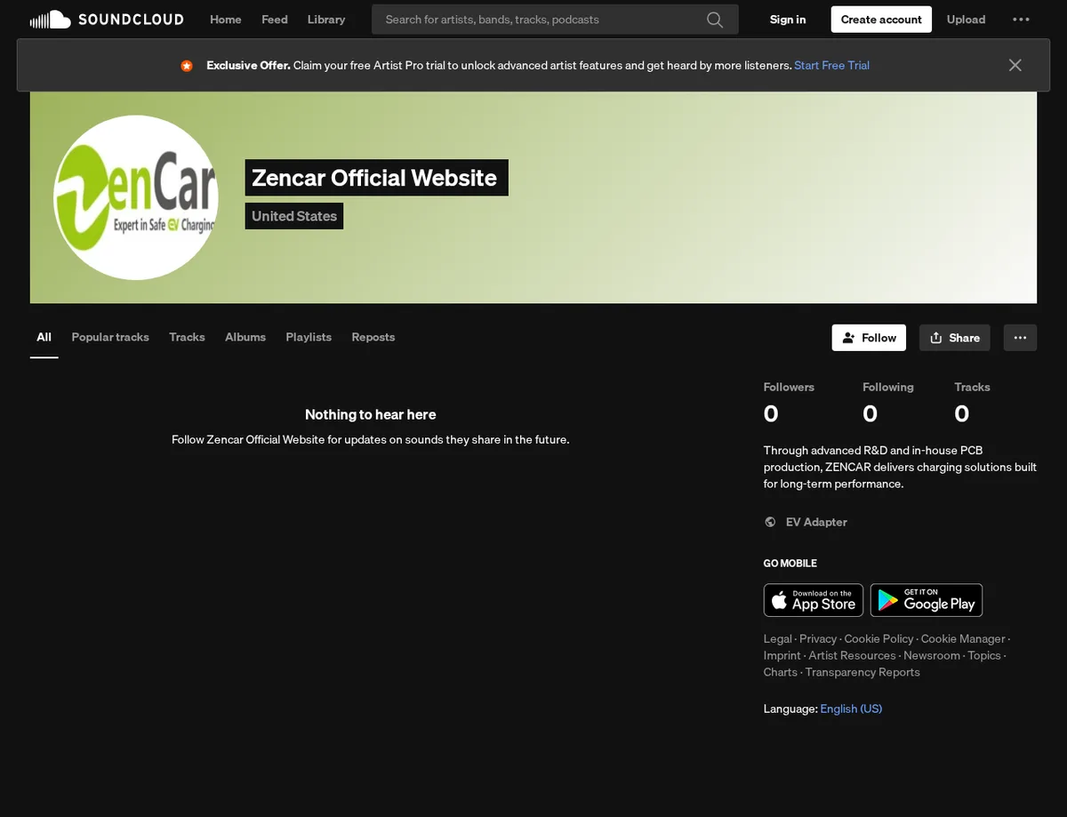 SoundCloud profile showing an external website link routed through SoundCloud's gate.sc redirector