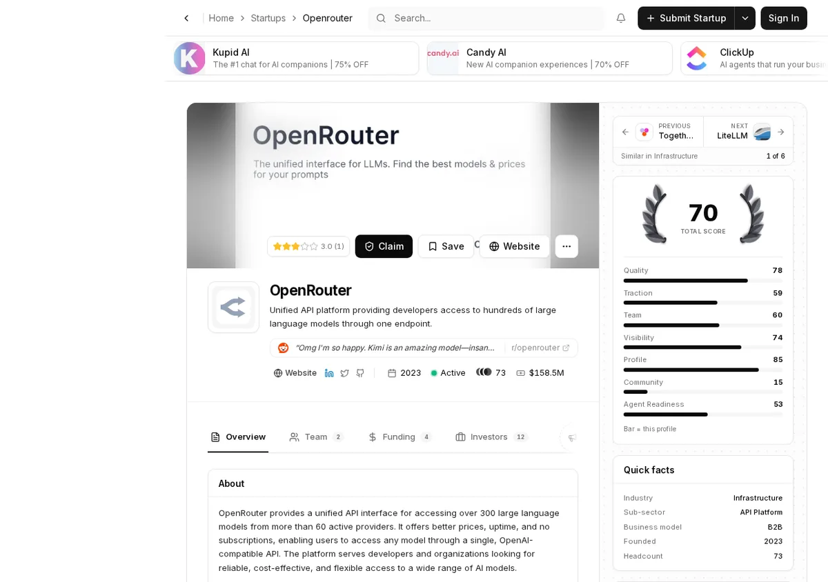 StartupHub.ai OpenRouter profile showing the Website backlink button
