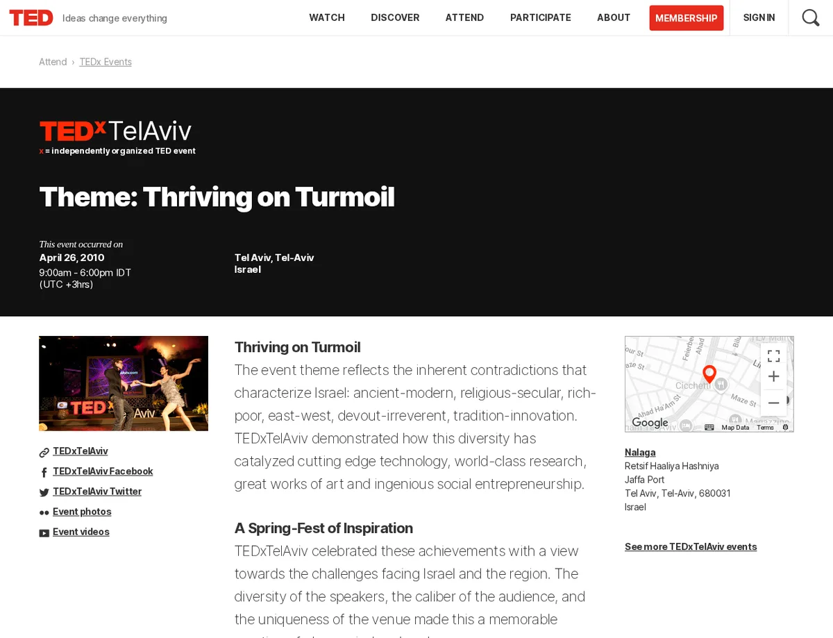 TEDx event page showing the external event website link