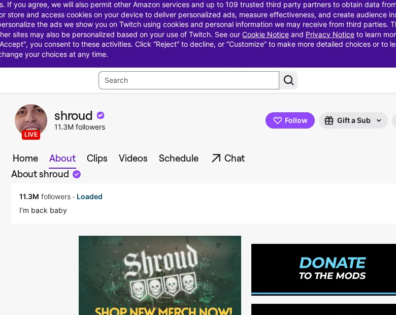 Twitch creator About page showing an external website panel link
