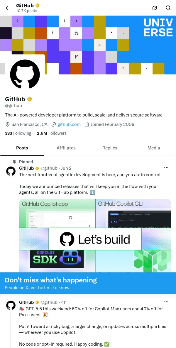 X profile showing GitHub website link in the public profile header