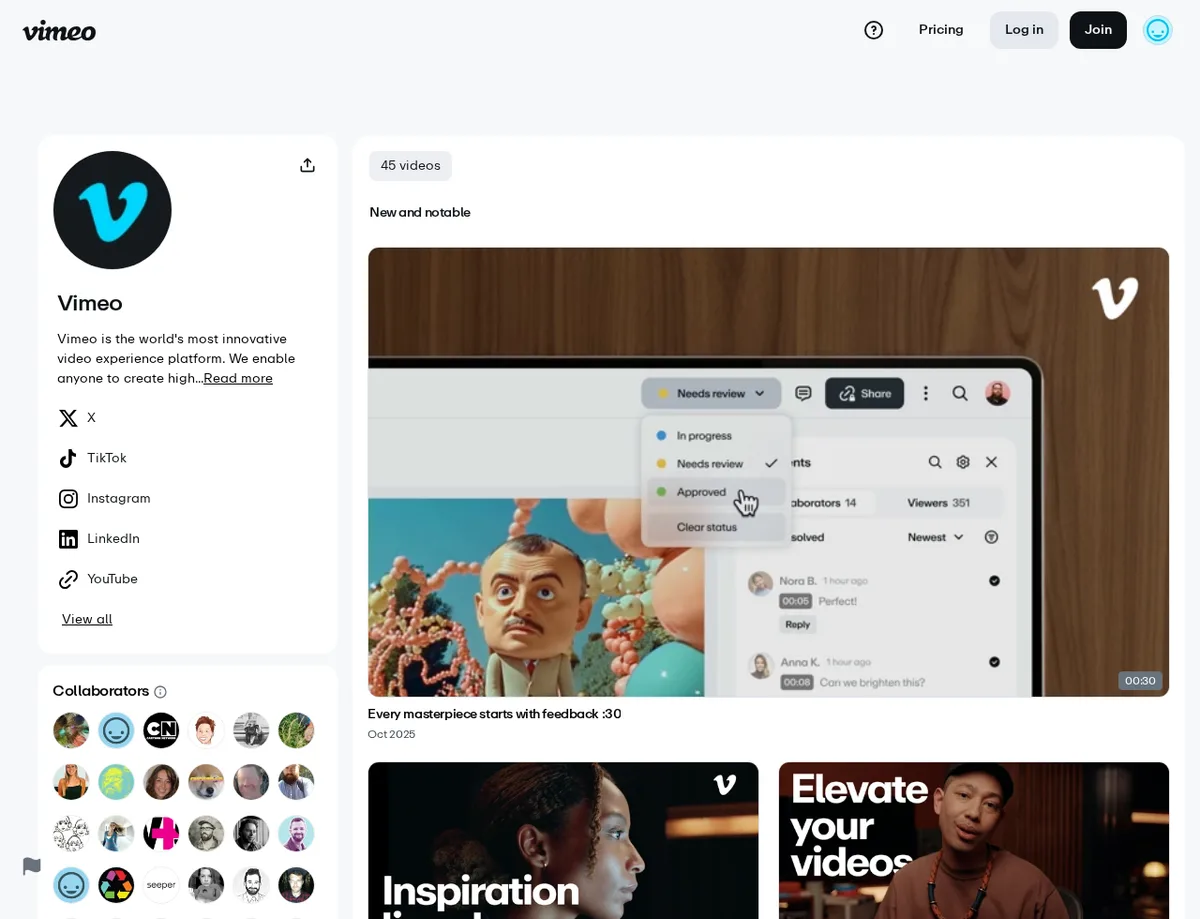 Vimeo public profile showing external profile links with nofollow behavior