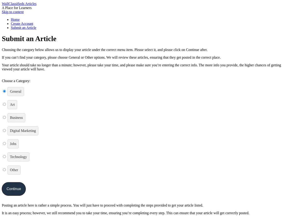 Archived WallClassifieds submit page showing the article category selection step