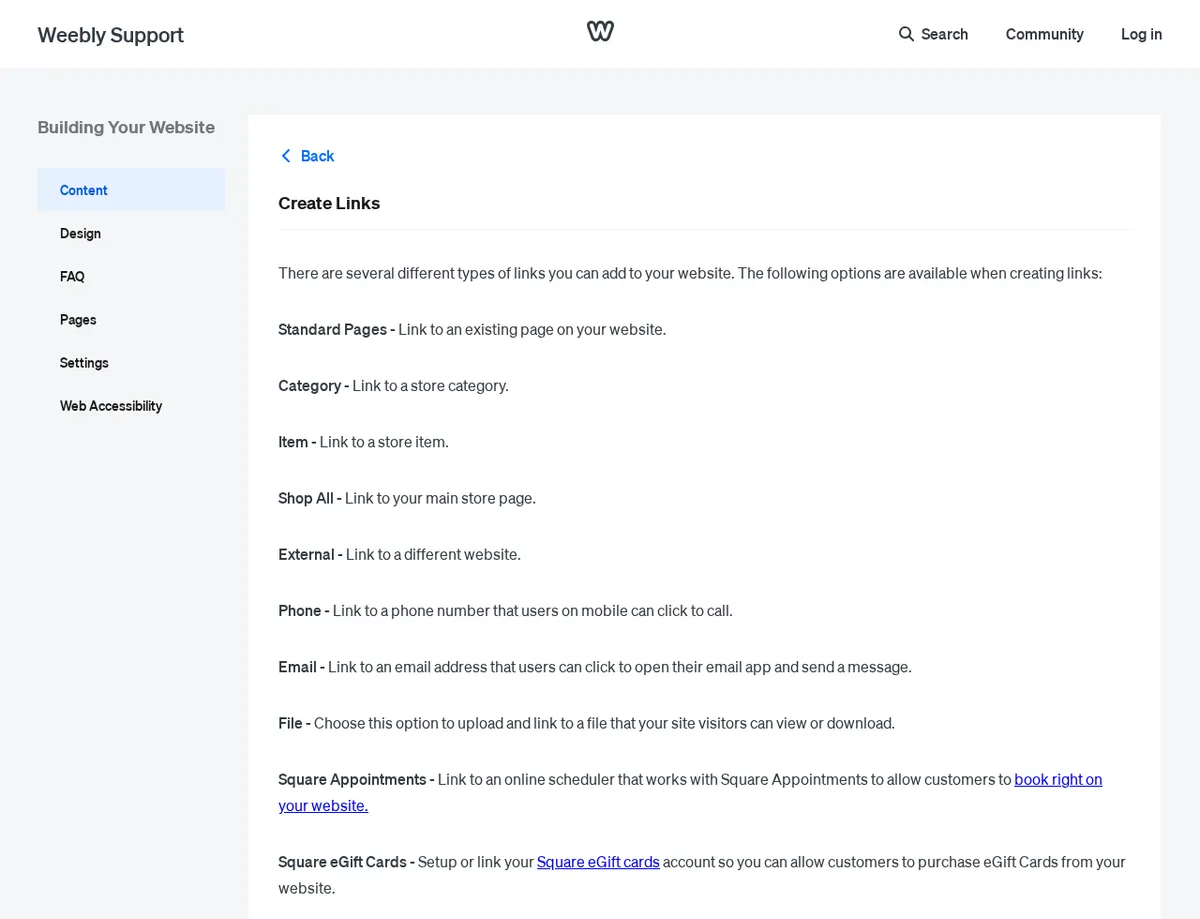 Weebly support article showing the text-link workflow for adding website URLs