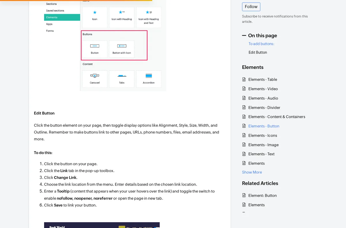 Zoho Sites help showing the Button link workflow and optional nofollow setting